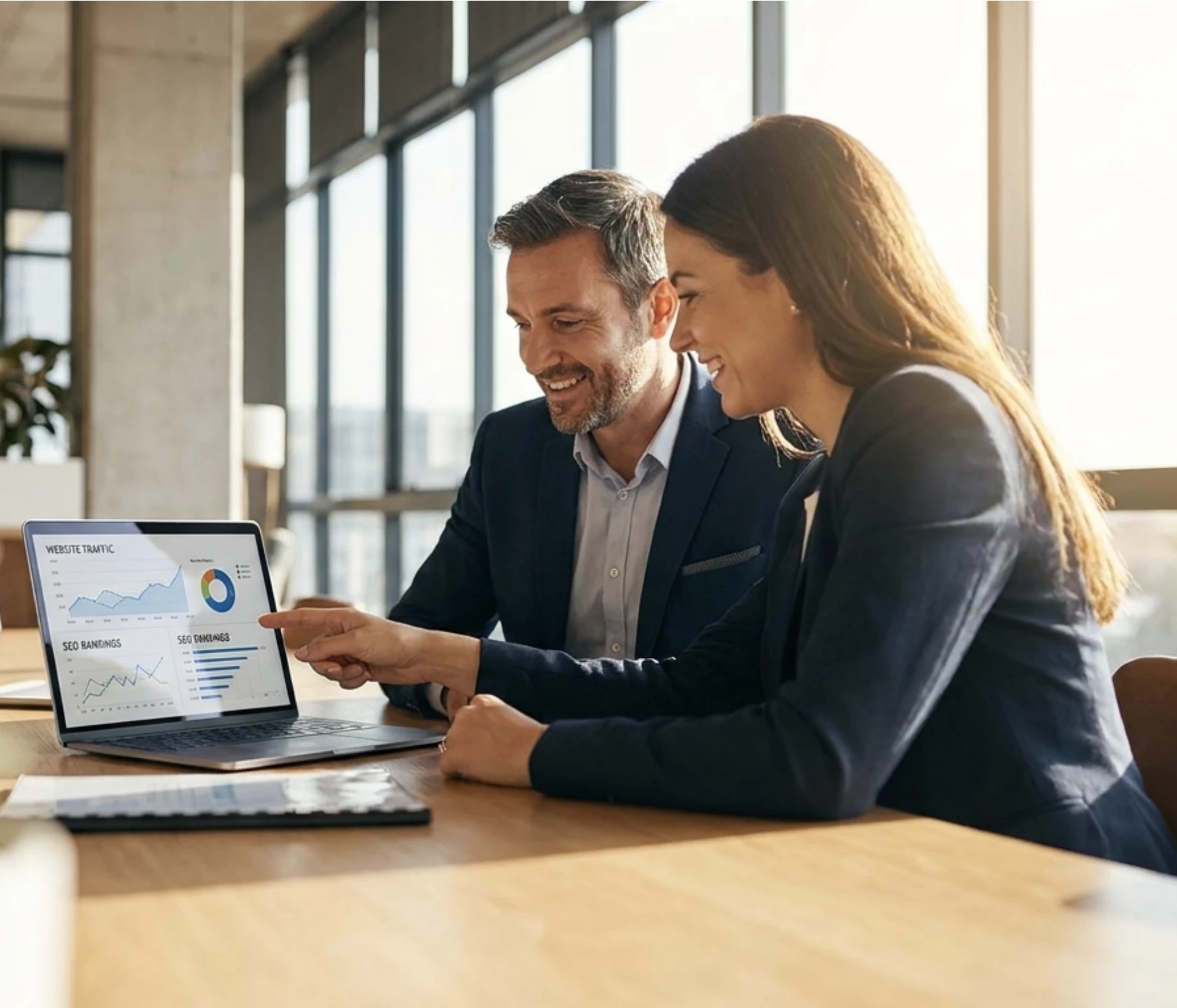Berater und Kundin betrachten gemeinsam SEO-Auswertungen und Website-Traffic am Laptop